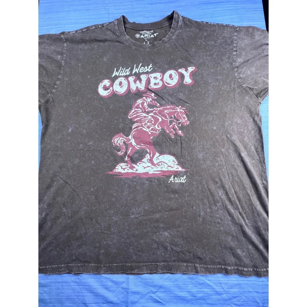 Ariat Wild West Cowboy Graphic T-Shirt Brown Mineral Wash Oversize Fit Womens L - Picture 2 of 6